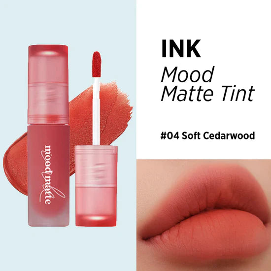 Peripera Ink Mood Matte Tint offering a smooth, matte finish with a soft, blurred effect, ideal for a comfortable and long-lasting lip look. Available in 5 shades: Peach Puree, Ballet Pink, Oatmeal Rose, Soft Cedarwood, Ginger Red.
