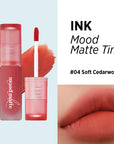 Peripera Ink Mood Matte Tint offering a smooth, matte finish with a soft, blurred effect, ideal for a comfortable and long-lasting lip look. Available in 5 shades: Peach Puree, Ballet Pink, Oatmeal Rose, Soft Cedarwood, Ginger Red.