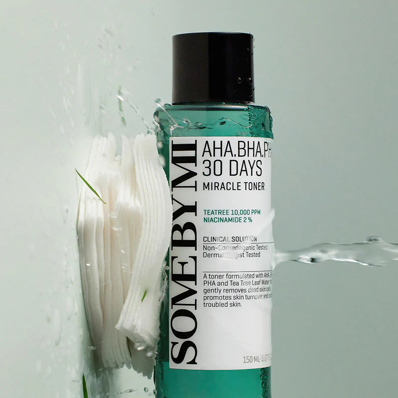 Some By Mi AHA BHA PHA 30 Days Miracle Toner – Exfoliating toner with AHA, BHA, PHA, tea tree extract, and niacinamide for clear, smooth, and bright skin.