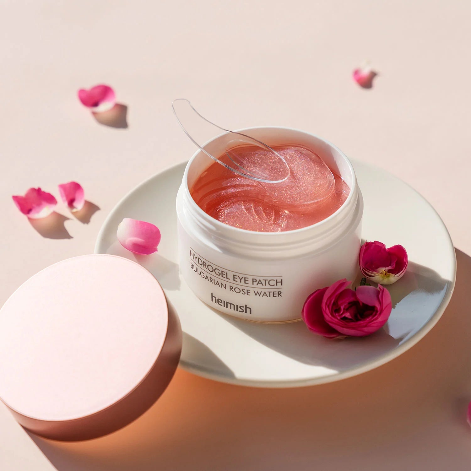Close-up of Heimish Bulgarian Rose Hydrogel Eye Patch with key ingredients like Damask rose water and niacinamide to soothe and hydrate