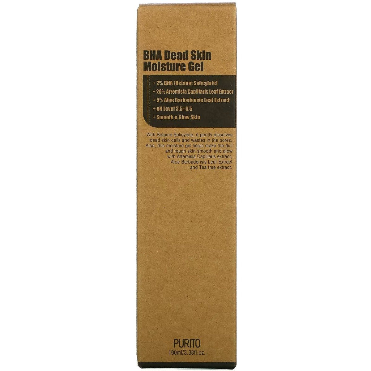 Packaging of Purito BHA Dead Skin Moisture Gel showing the 100 ml bottle, with a clean and natural design, highlighting its gentle exfoliating and moisturizing properties ideal for acne-prone and sensitive skin.