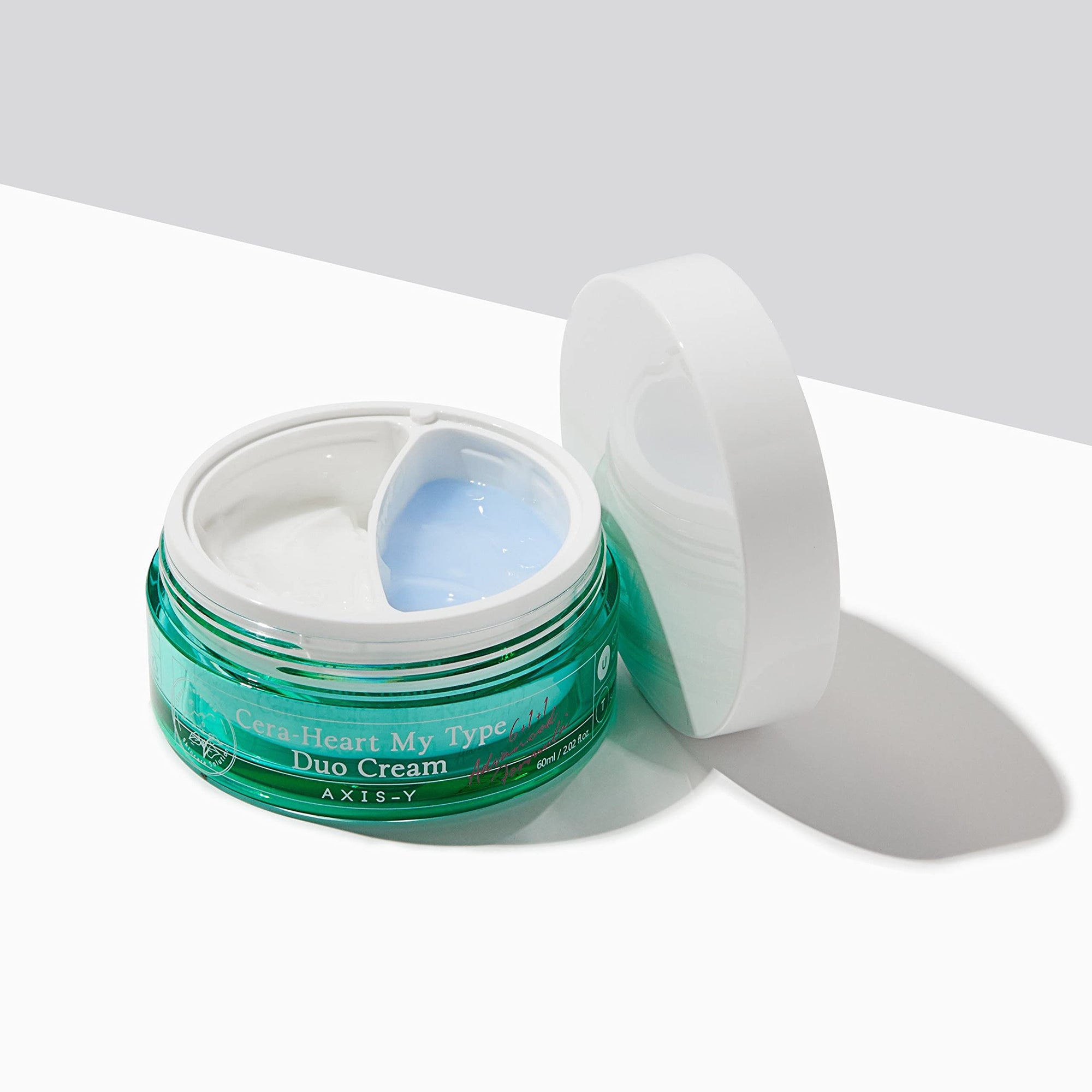 AXIS-Y Cera-Heart My Type Duo Cream: Apply blue gel to the T-zone for oily areas and white cream to the U-zone for dry areas for custom moisture balance