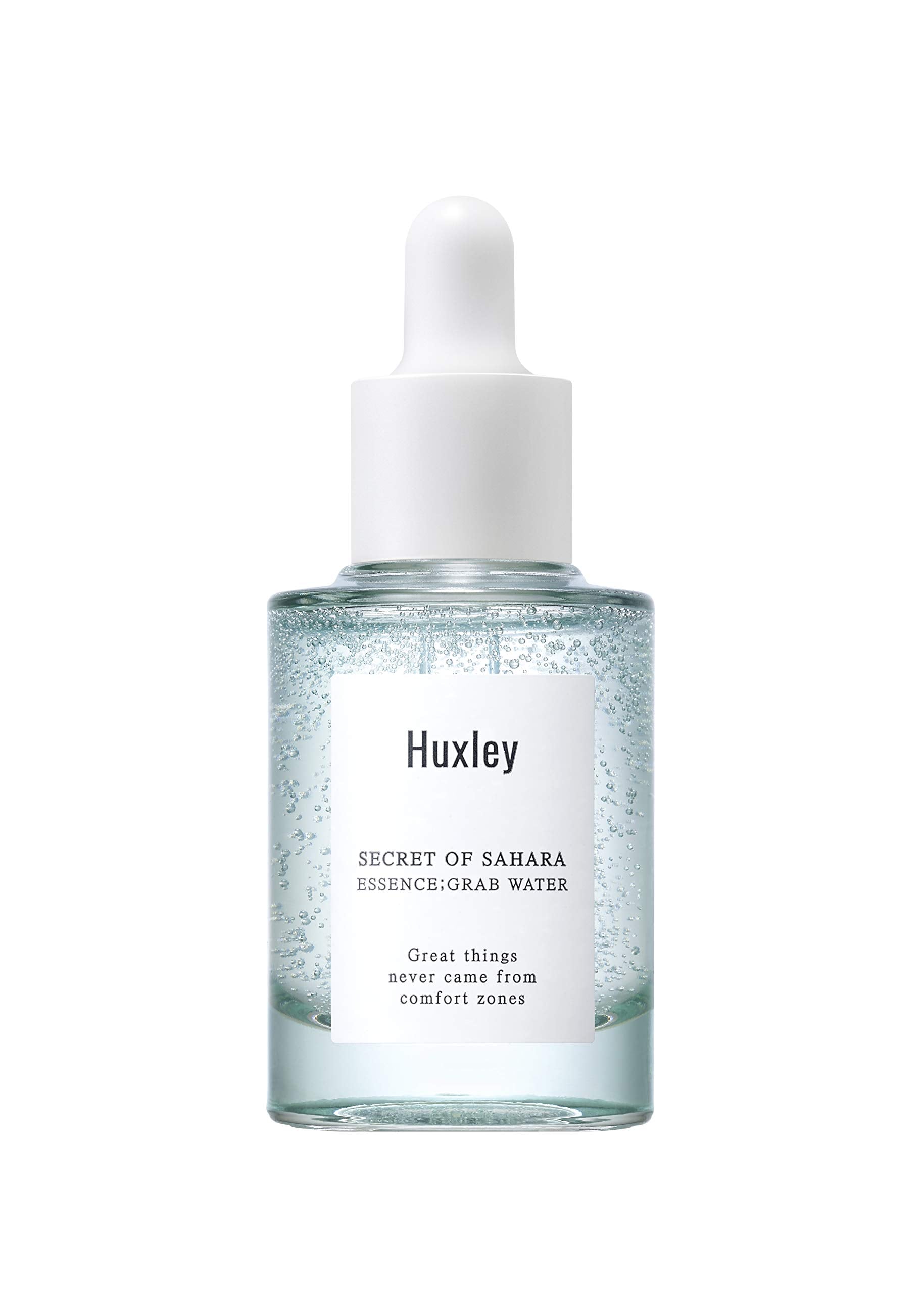 Huxley Essence Grab Water, a lightweight hydrating essence with Sahara cactus seed oil and peppermint extract, providing long-lasting moisture without greasiness