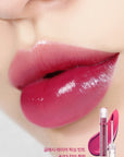 Close-up of lips with Lilybyred Glassy Layer Fixing Tint – Shows the glossy finish and vivid color in shades like Muscat Shower, Kill Me Plum, and Berry Kitsch.