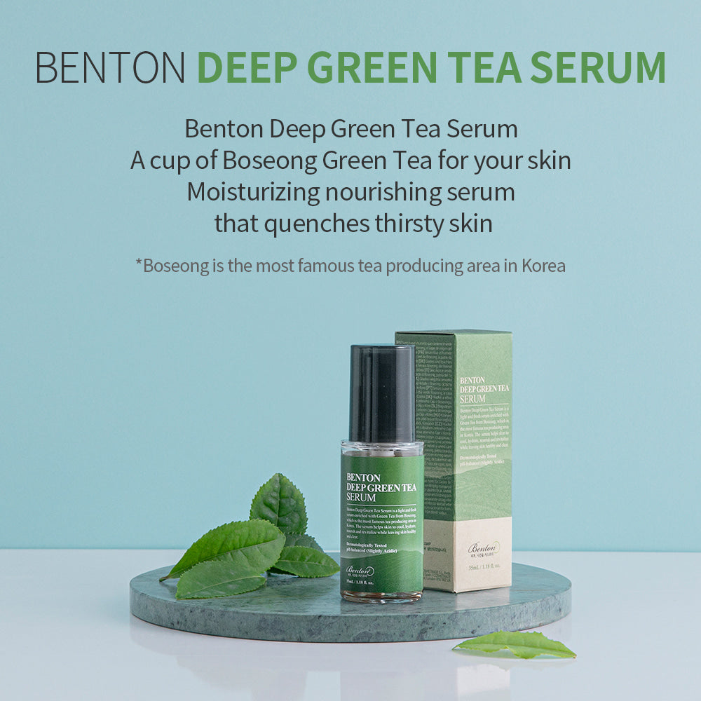 Benton Deep Green Tea Serum packaging with product instructions, highlighting its clean formula free from alcohol, fragrances, and colors, suitable for sensitive skin