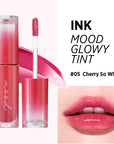 Peripera Ink Mood Glowy Tint being applied directly to the lips, starting from the center and blending outward for a smooth, even finish, highlighting its non-sticky, moisturizing texture.