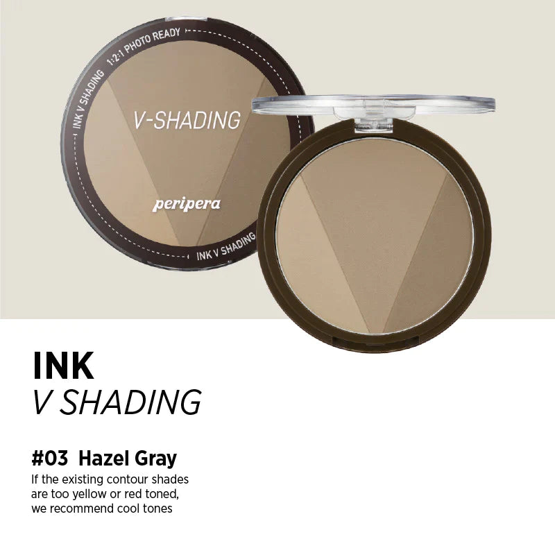 Peripera Ink V Shading contour powder in a compact size, designed for creating natural 3D shading on the face. Comes in three shades: Almond Brown 01, Cacao Brown 02, and Hazel Gray, providing a sculpted, soft, and smooth contour finish.