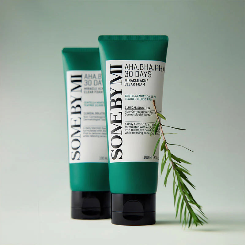 Some By Mi AHA BHA PHA 30 Days Miracle Foam – Acne-clearing cleanser with AHA, BHA, PHA, and salicylic acid to deeply cleanse and control oil.