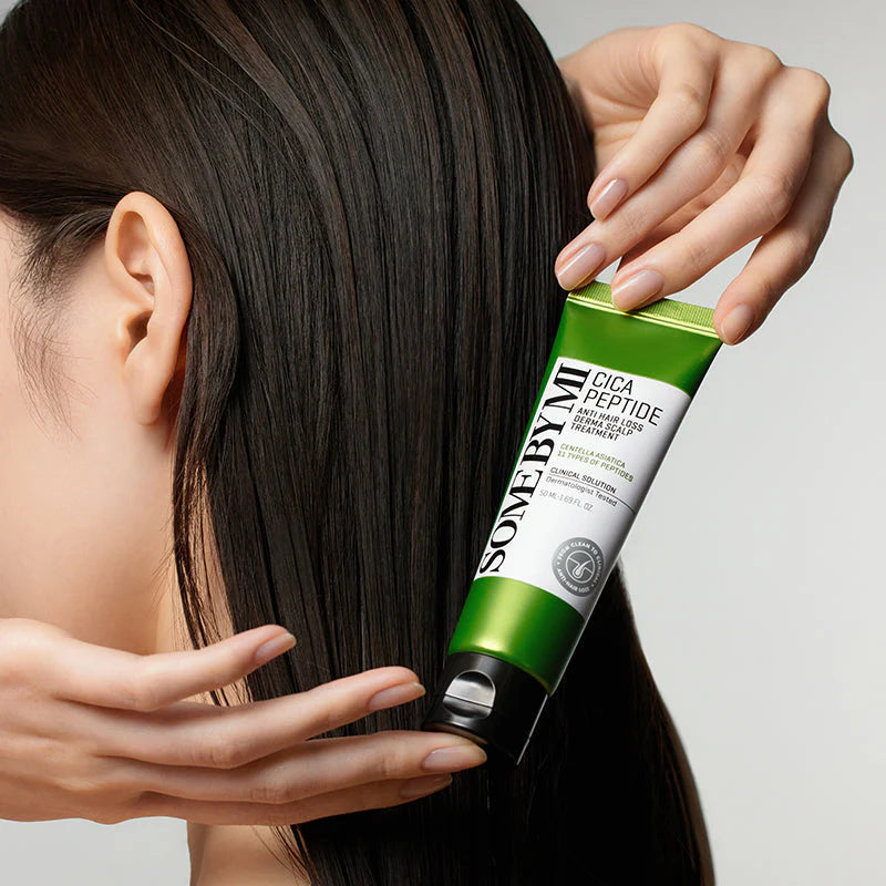 Some By Mi Cica Peptide Anti Hair Loss Derma Scalp Treatment – A lightweight conditioner with Cica extract and 11 peptides to moisturize and repair dry, damaged, and brittle hair.