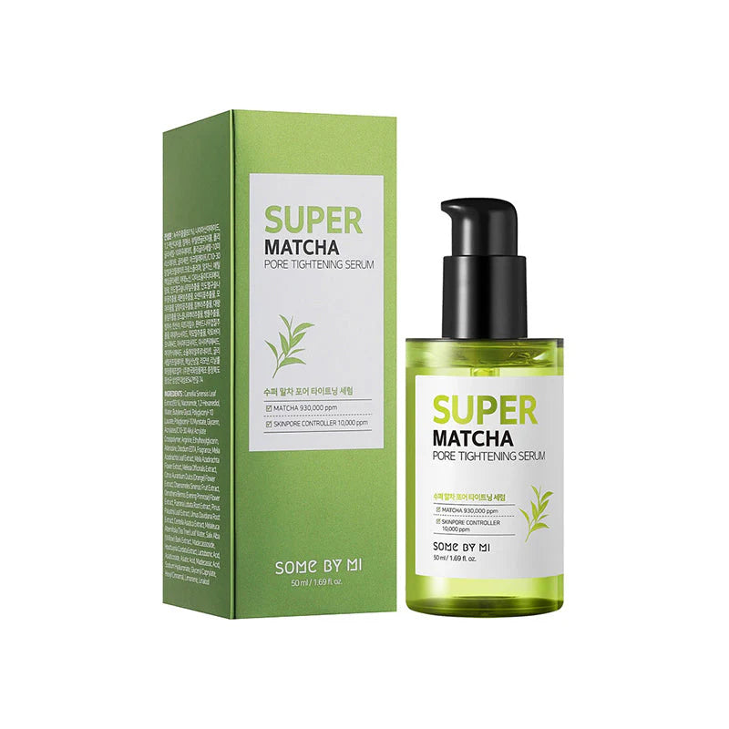Packaging Some By Mi Super Matcha Pore Tightening Serum – A lightweight serum formulated with 93% matcha water to control oil, tighten pores, and hydrate the skin, perfect for oily and large pores.