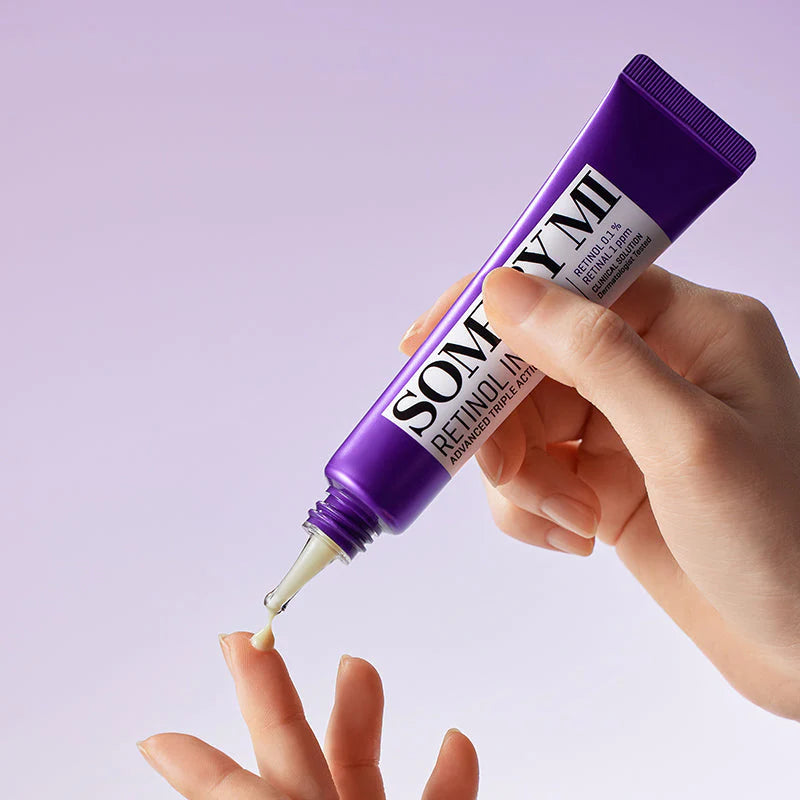 Some By Mi Retinol Intense Advanced Triple Action Eye Cream – Close-up of the rich, smooth texture of the eye cream being gently applied around the delicate eye area.