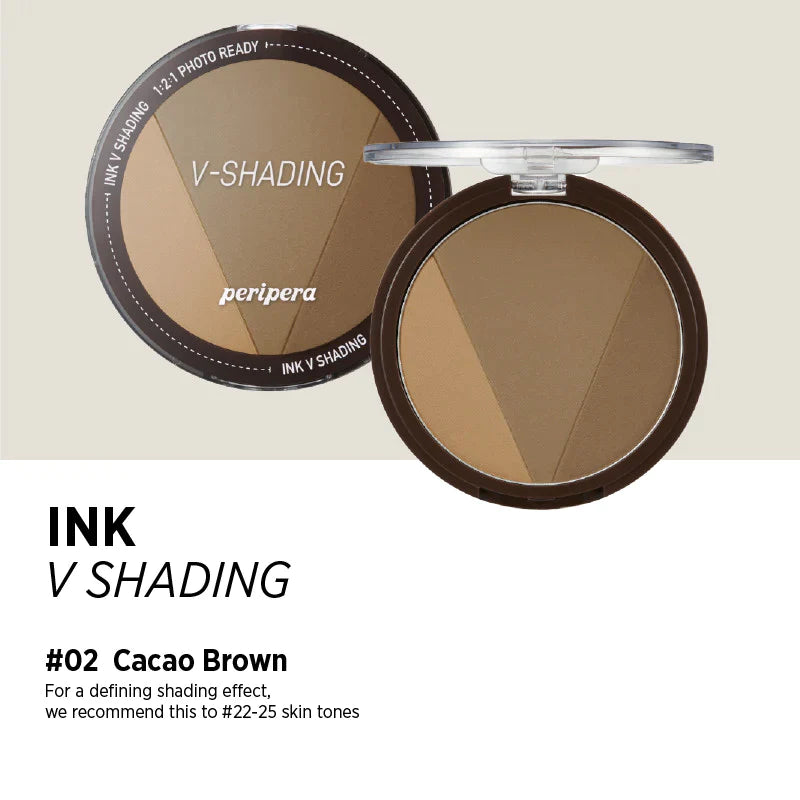 Peripera Ink V Shading contour powder in a compact size, designed for creating natural 3D shading on the face. Comes in three shades: Almond Brown 01, Cacao Brown 02, and Hazel Gray, providing a sculpted, soft, and smooth contour finish.