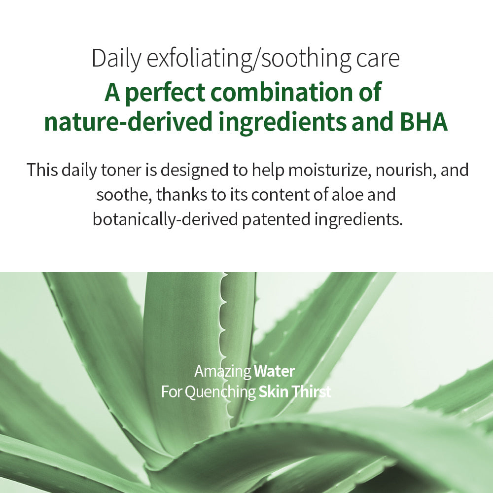 Benton Aloe BHA Skin Toner enriched with soothing Aloe Vera, exfoliating BHA (Salicylic Acid), and calming Portulaca Oleracea Extract