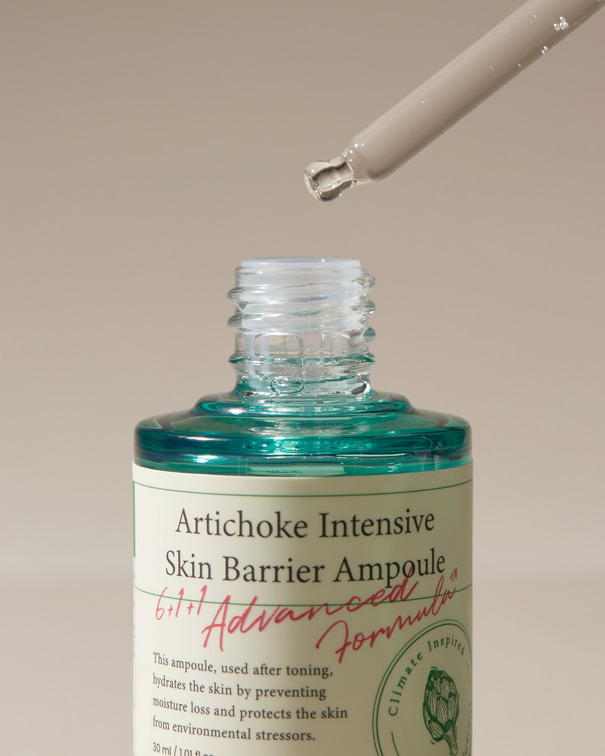 Artichoke Intensive Skin Barrier Ampoule brightens skin tone and improves texture, thanks to antioxidant-rich ingredients like licorice and hawkweed