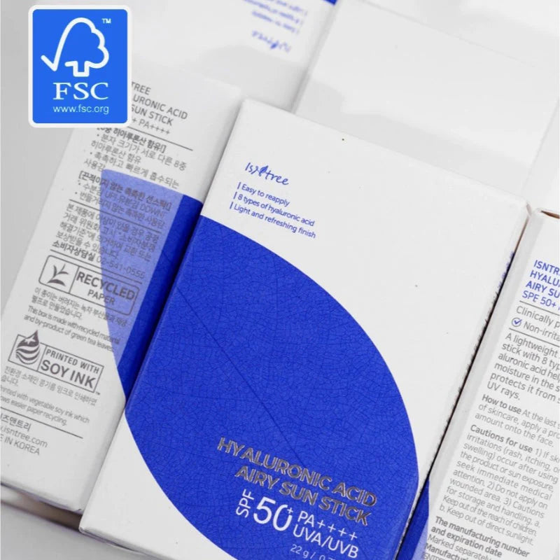 Isntree Hyaluronic Acid Airy Sun Stick packaging – portable, lightweight sunscreen with SPF50 to protect and hydrate all skin types