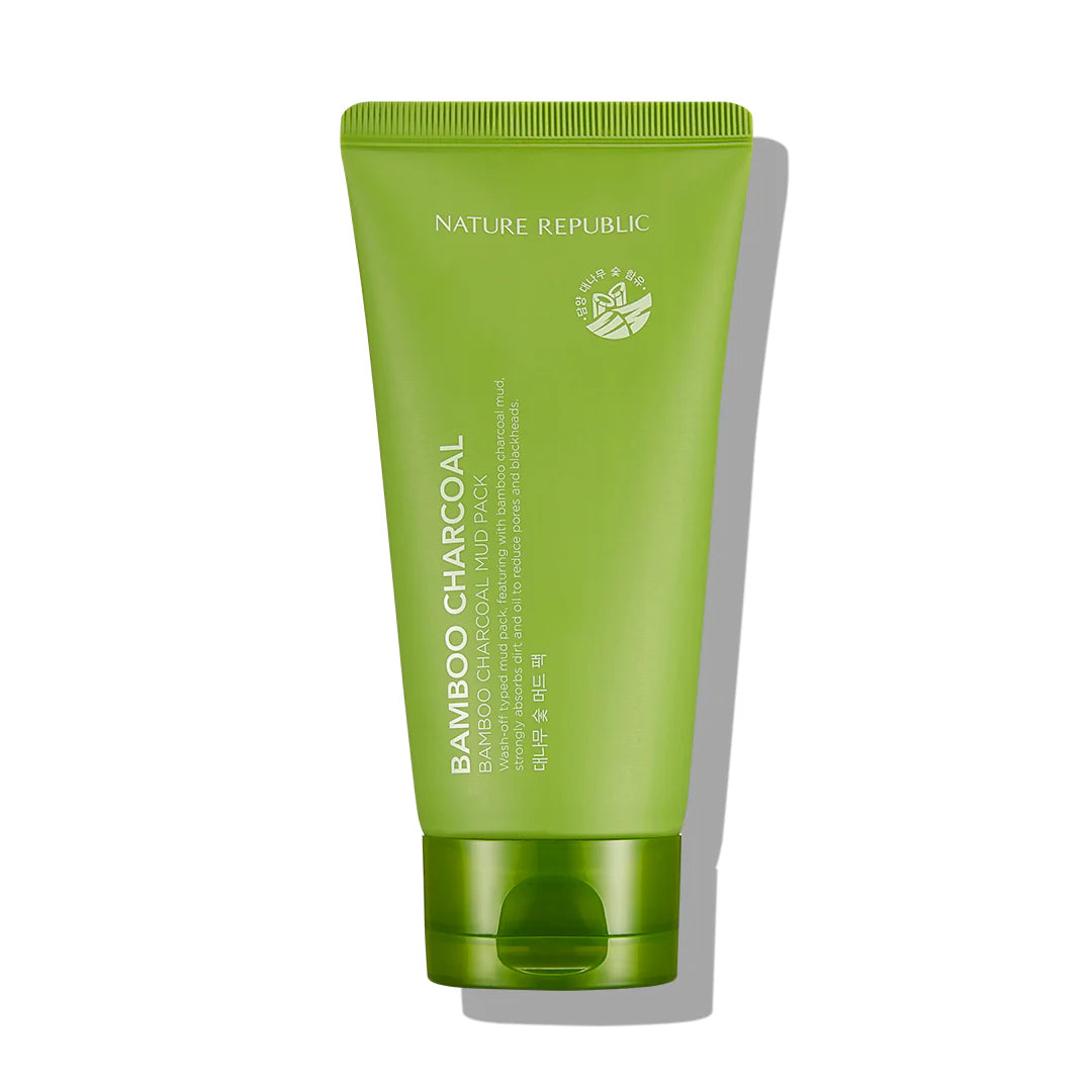Nature Republic Bamboo Charcoal Mud Pack tube, featuring a sleek design with 150ml of purifying mud mask that detoxifies and balances the skin.