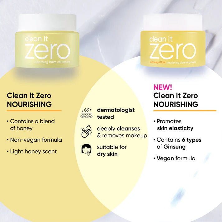 Banila Co Clean It Zero Cleansing Balm Nourishing key ingredients: Ginseng Root, Shea Butter, Jojoba Seed Oil, Hot Springs Water, Vitamin E, and Vitamin C, known for moisturizing, soothing, and brightening skin