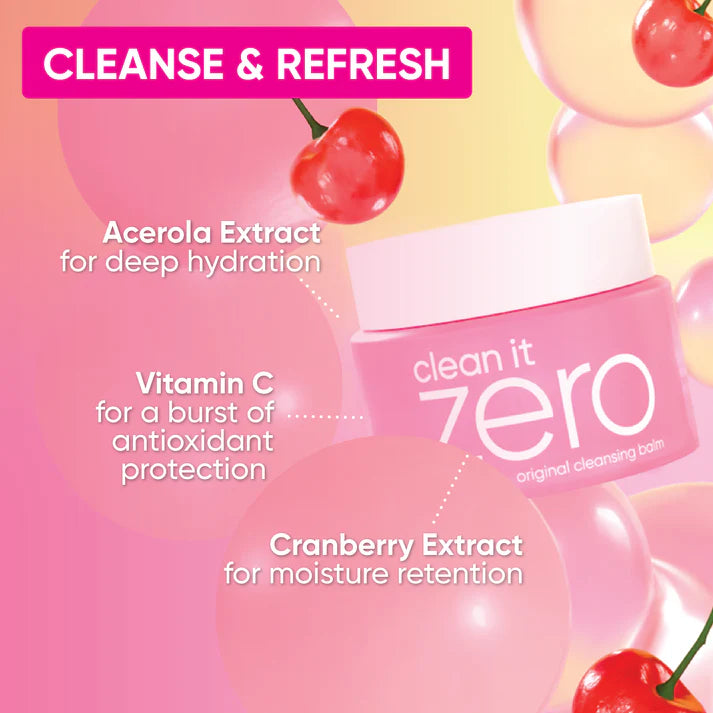 Banila Co Clean It Zero Cleansing Balm Original key ingredients: Hot Springs Water, Vitamin E & C, Bamboo Extract, and Acerola Extract, known for soothing, moisturizing, and brightening skin