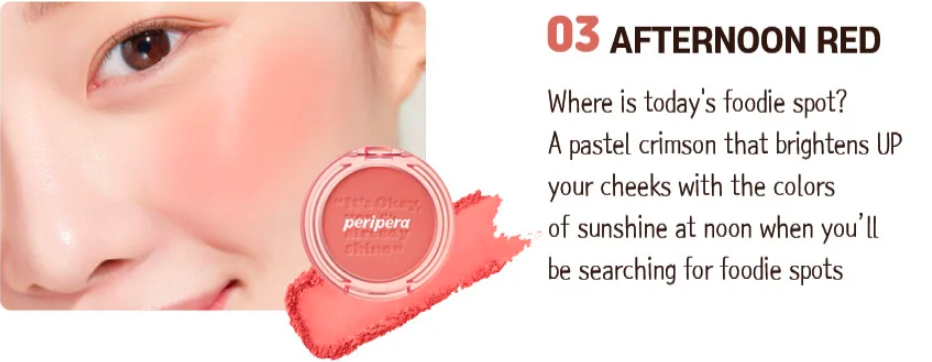 Close-up of the Peripera Pure Blushed Sunshine Cheek blush on the cheeks, highlighting the smooth, seamless application, and the radiant, matte finish that absorbs excess oil for long-lasting wear.