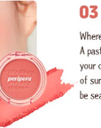 Close-up of the Peripera Pure Blushed Sunshine Cheek blush on the cheeks, highlighting the smooth, seamless application, and the radiant, matte finish that absorbs excess oil for long-lasting wear.