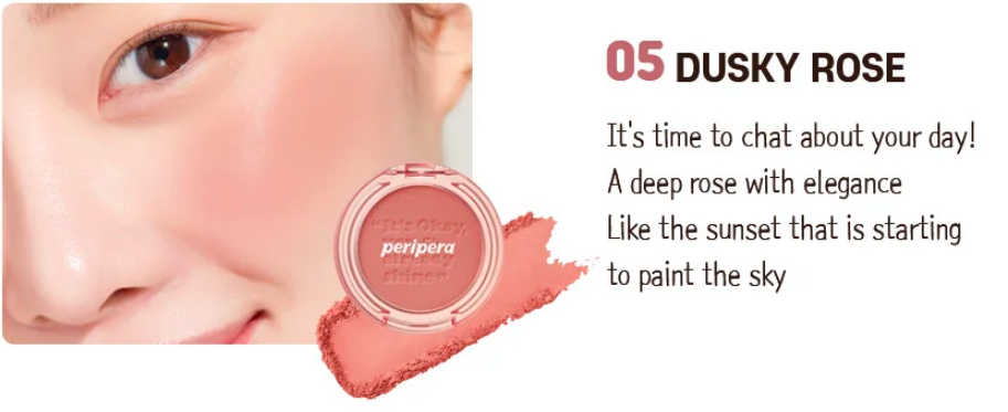 Close-up of the Peripera Pure Blushed Sunshine Cheek blush on the cheeks, highlighting the smooth, seamless application, and the radiant, matte finish that absorbs excess oil for long-lasting wear.