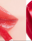 Before and after using Moonshot Tint Fit Shine – Showing lips with a glossy, lustrous shine and vibrant color that lasts all day, without feeling heavy or sticky.