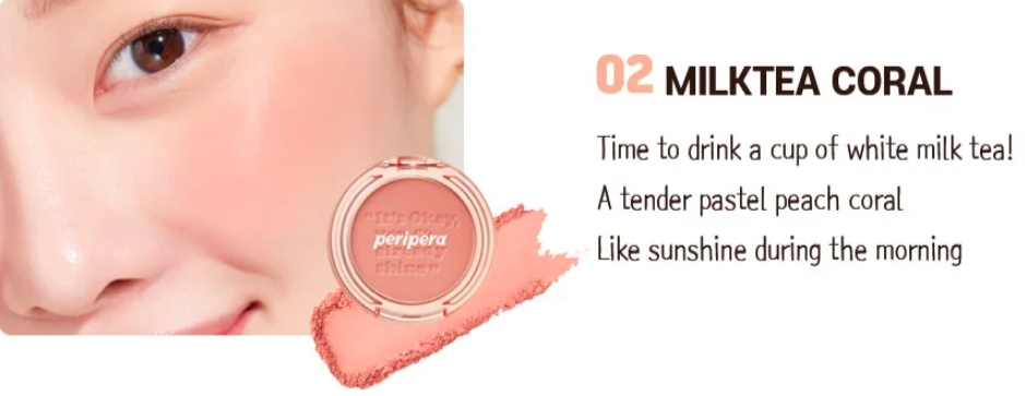 Peripera Pure Blushed Sunshine Cheek blush compact featuring three shades: Milktea Coral, Afternoon Red, and Dusky Rose. The blush provides a natural, sun-kissed glow with a smooth, soft finish for a radiant, fresh complexion.