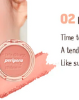 Peripera Pure Blushed Sunshine Cheek blush compact featuring three shades: Milktea Coral, Afternoon Red, and Dusky Rose. The blush provides a natural, sun-kissed glow with a smooth, soft finish for a radiant, fresh complexion.