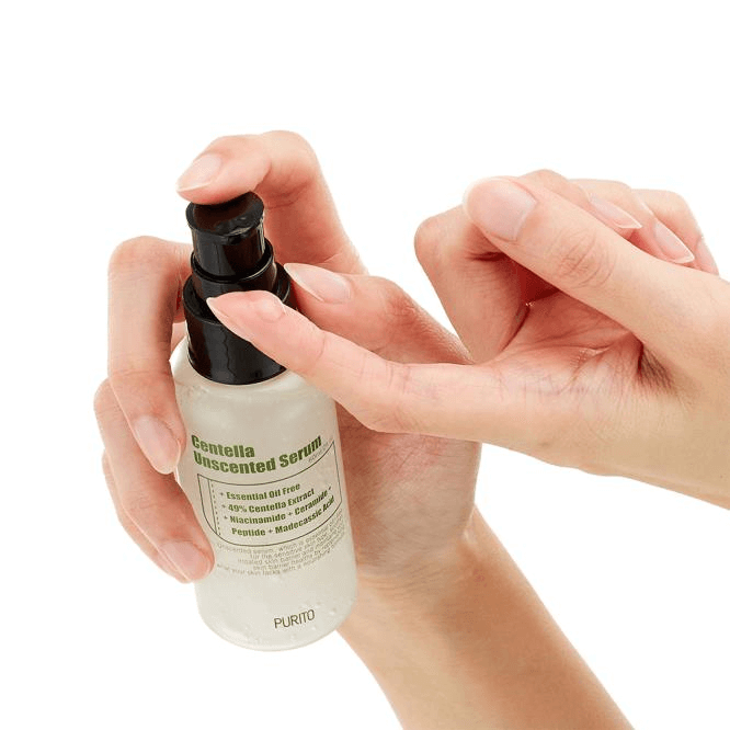 Close-up of Purito Centella Unscented Serum texture – Lightweight, non-greasy formula designed to calm and hydrate stressed skin.