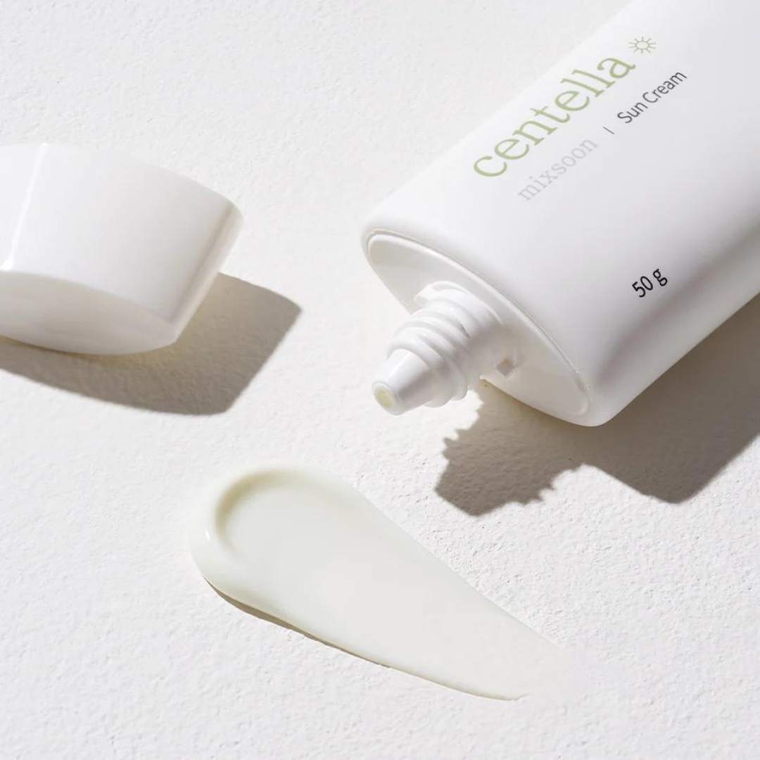 Close-up of Mixsoon Centella Sun Cream’s smooth, serum-like texture – Lightweight and fast-absorbing for a refreshing finish that hydrates and protects the skin.
