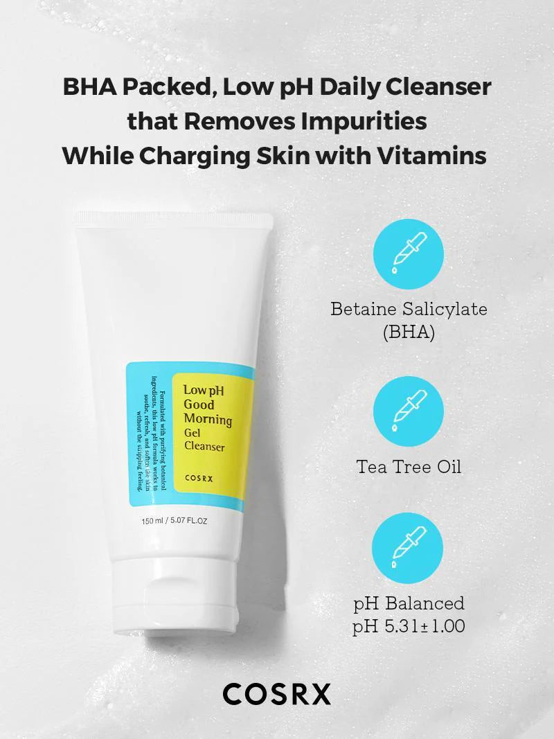 COSRX Low pH Good Morning Gel Cleanser – Key ingredients like Tea Tree Oil and Betaine Salicylate help cleanse and soothe the skin