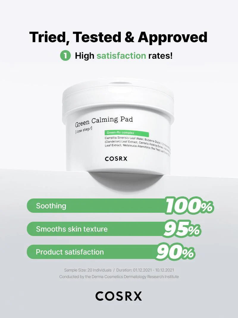 COSRX One Step Green Calming Pad – Pre-soaked pads with Green Tea Water to soothe, hydrate, and cleanse sensitive skin