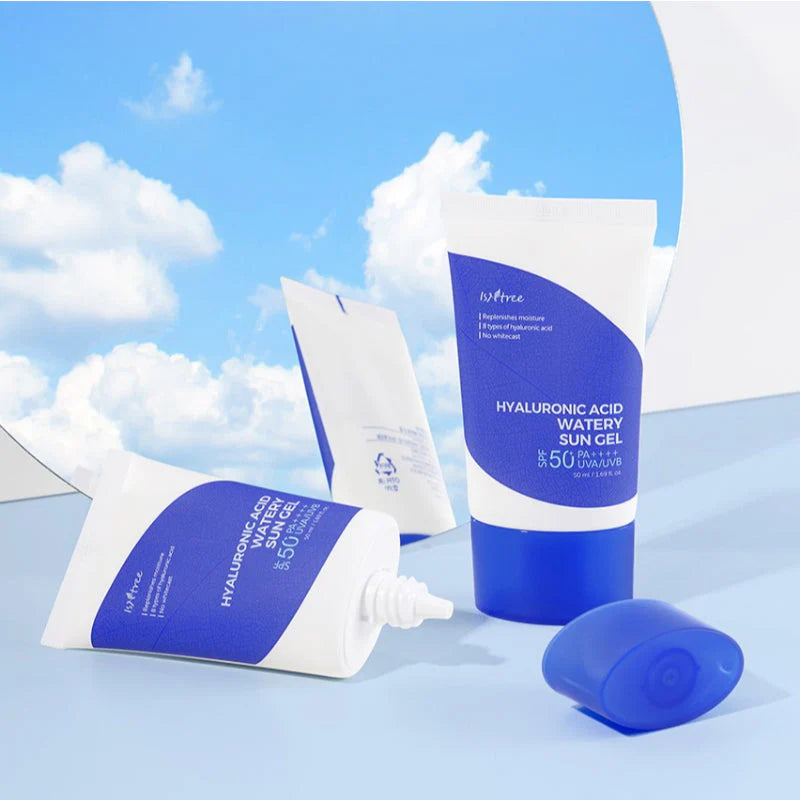 Isntree Hyaluronic Acid Watery Sun Gel – 50ml tube with light, non-greasy sunscreen gel, ideal for sensitive skin and daily sun protection