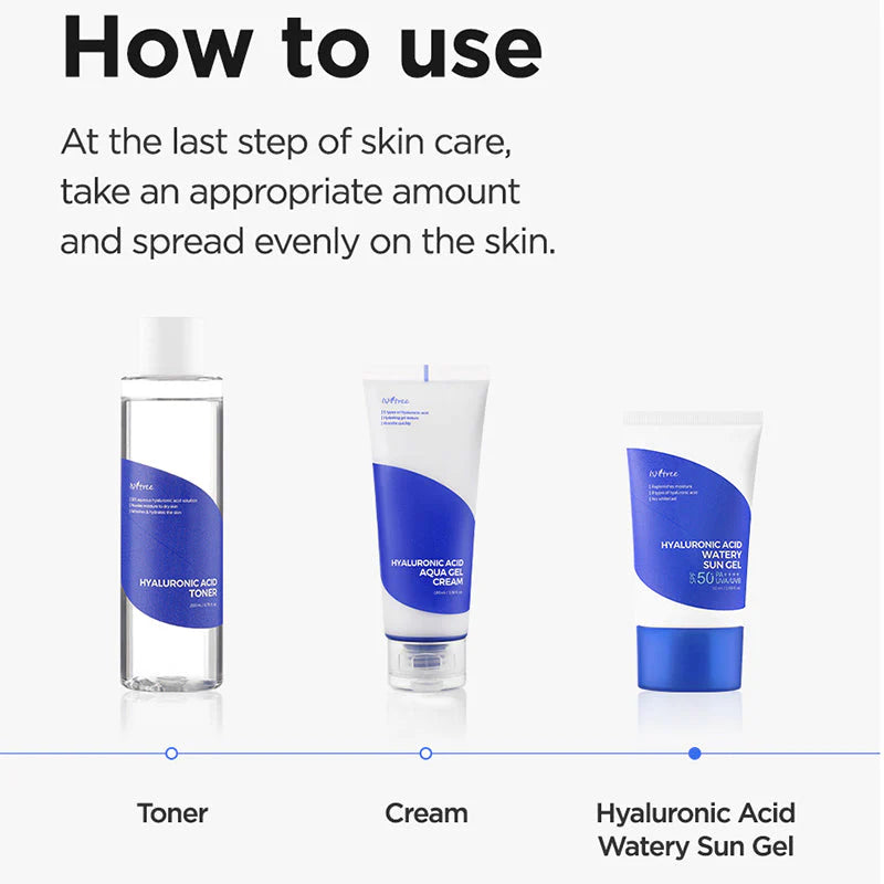Isntree sunscreen products – includes Hyaluronic Acid Watery Sun Gel, offering SPF50+ and hydration for sensitive skin