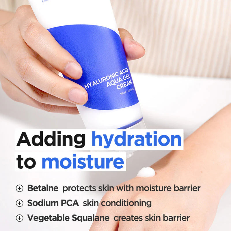 Key ingredients of Isntree Hyaluronic Acid Aqua Gel Cream – 5 types of hyaluronic acid, Centella Asiatica, and Green Tea Extract for hydration and soothing