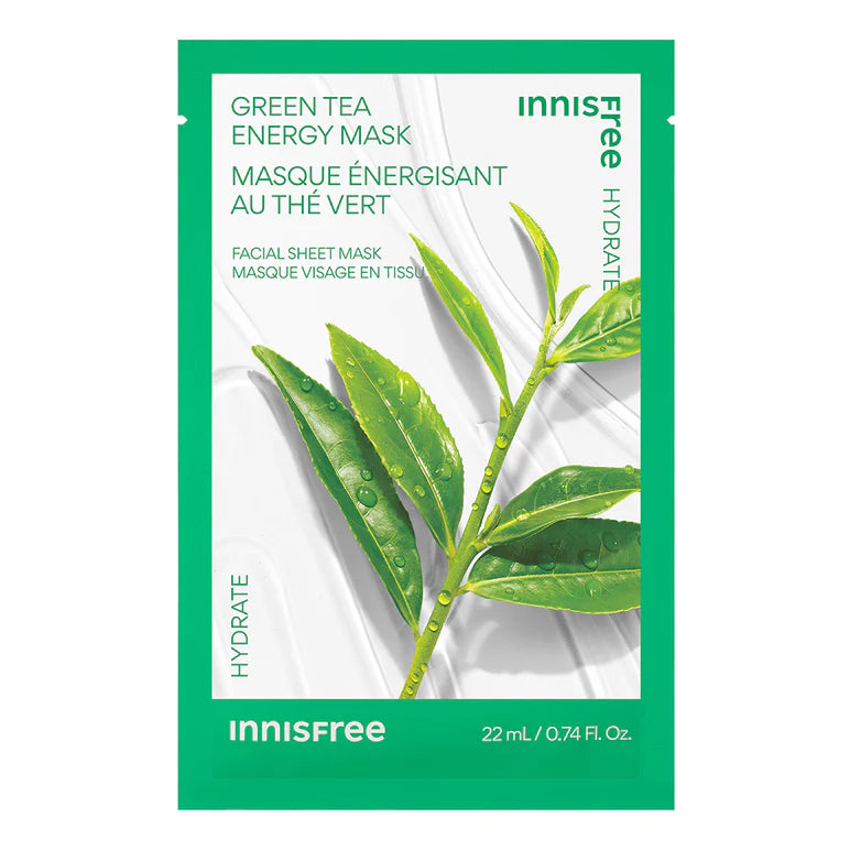 Innisfree Energy Mask – Eco-friendly sheet mask with plant-based ingredients like Kombucha, Aloe, Green Tea, and Pomegranate for hydration and skin glow green tea