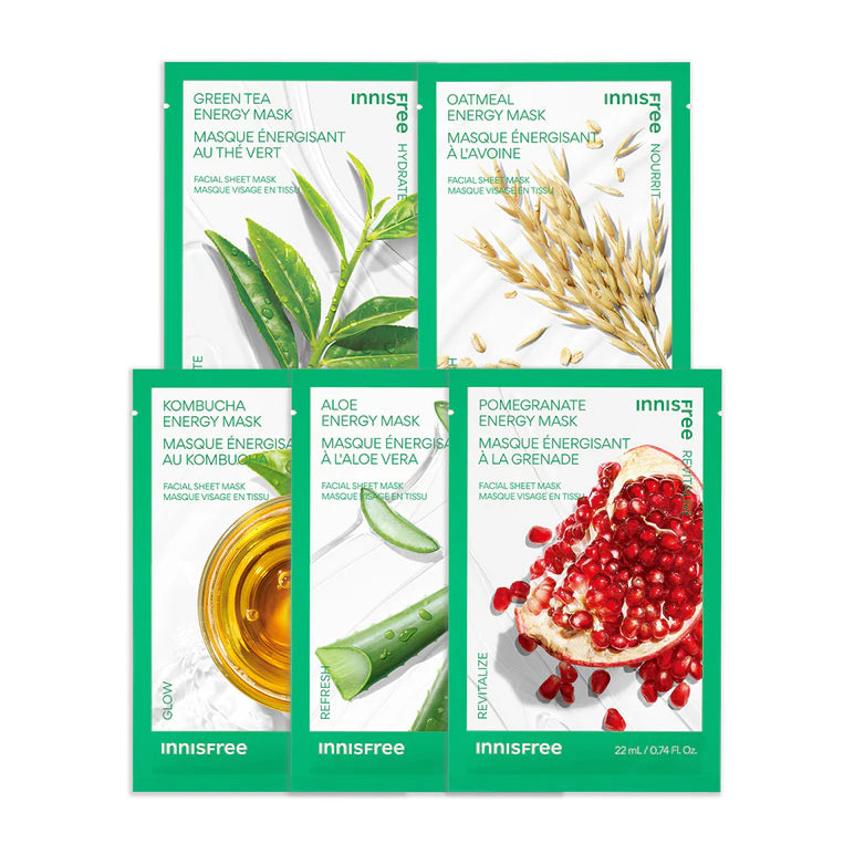 Innisfree Energy Mask – Eco-friendly sheet mask with plant-based ingredients like Kombucha, Aloe, Green Tea, and Pomegranate for hydration and skin glow