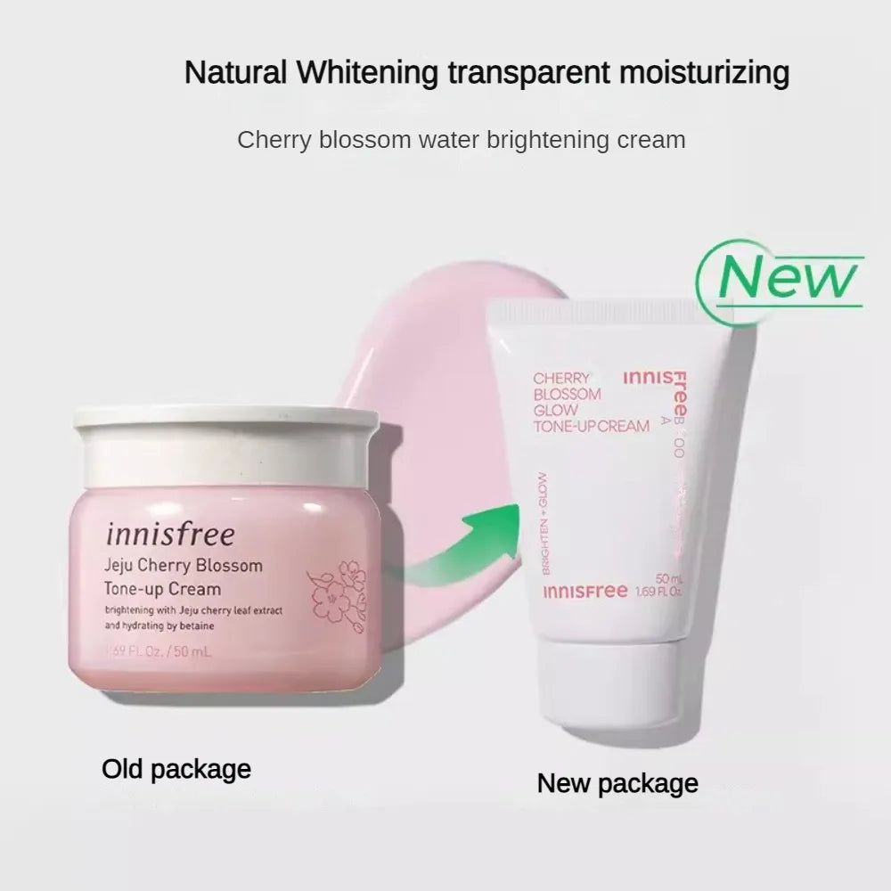 Innisfree Jeju Cherry Blossom Tone Up Cream packaging – 50g jar, vegan and free from harsh chemicals, ideal for daily use on all skin types