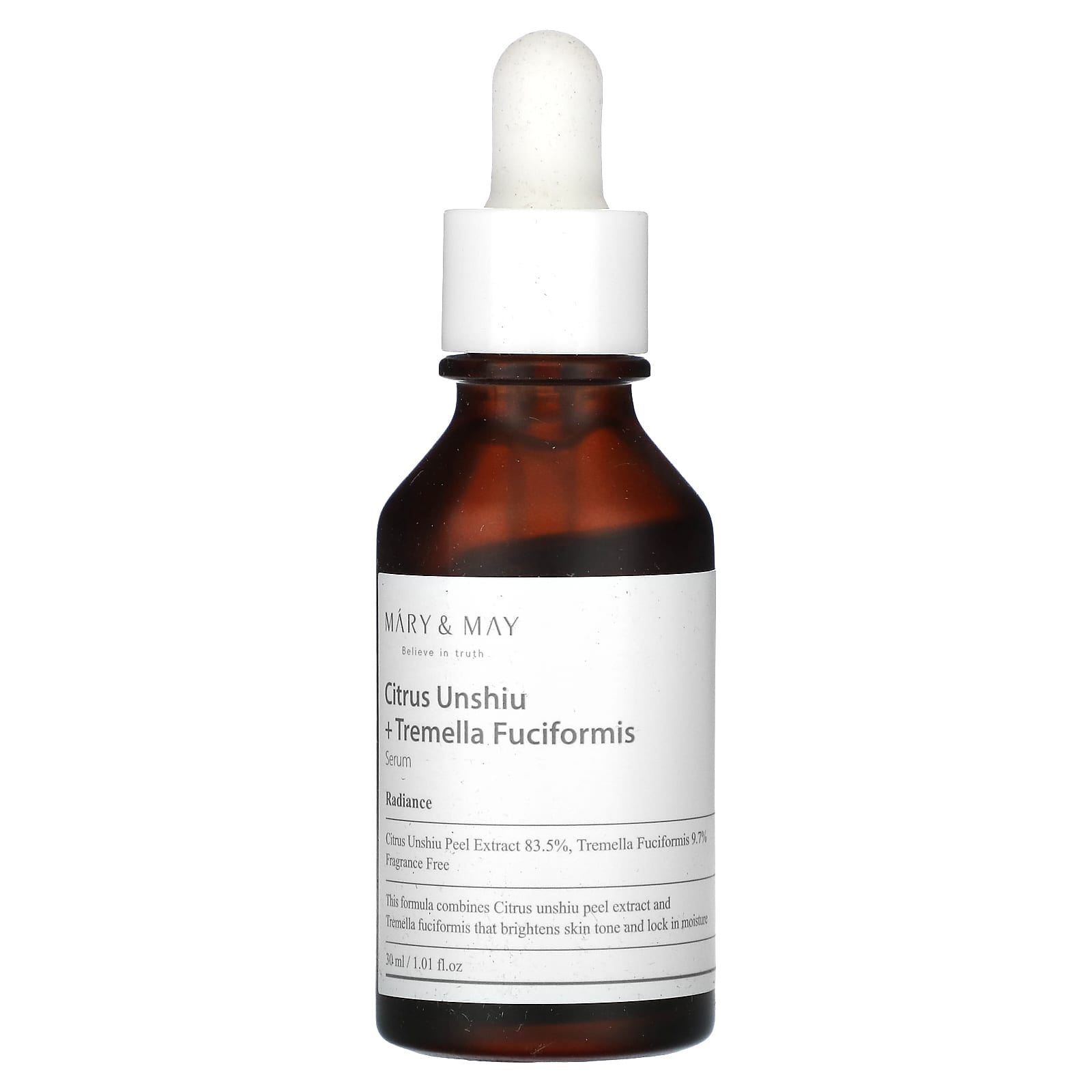 Mary & May Citrus Unshiu Fruit + Tremella Fuciformis Serum – A brightening and hydrating serum featuring 83.5% Citrus Unshiu Fruit Extract and 9.7% Tremella Fuciformis Extract for a glowing complexion.