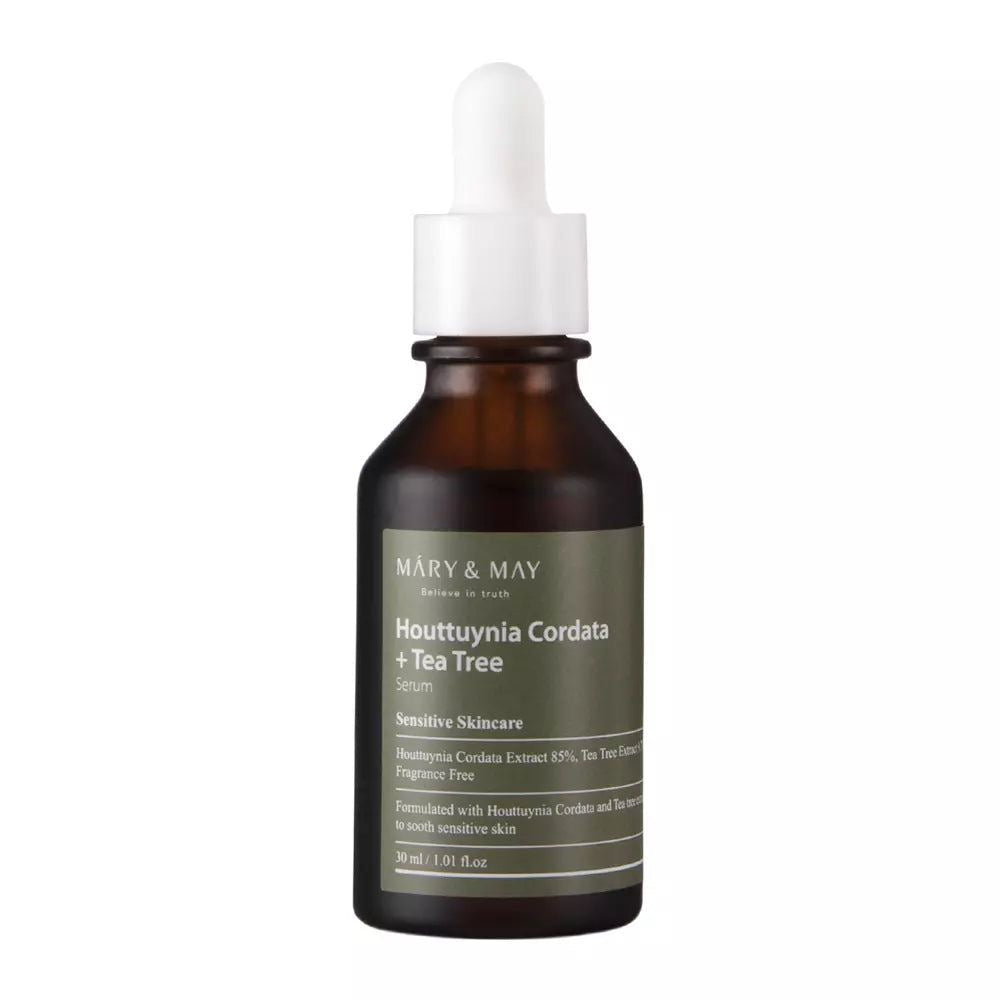 Mary & May Houttuynia Cordata Tea Tree Serum – A 30ml bottle of soothing serum formulated with 85% Houttuynia Cordata Extract and 9.7% Tea Tree Extract, designed to calm irritated skin and reduce pore size.