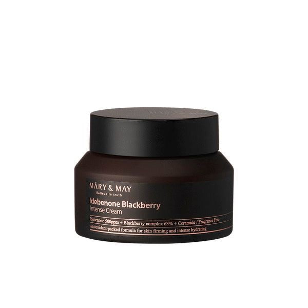 Mary & May Idebenone + Blackberry Complex Intensive Total Care Cream – A 70ml jar of rich cream designed to provide hydration, firmness, and anti-aging benefits with antioxidants and moisturizing ingredients.