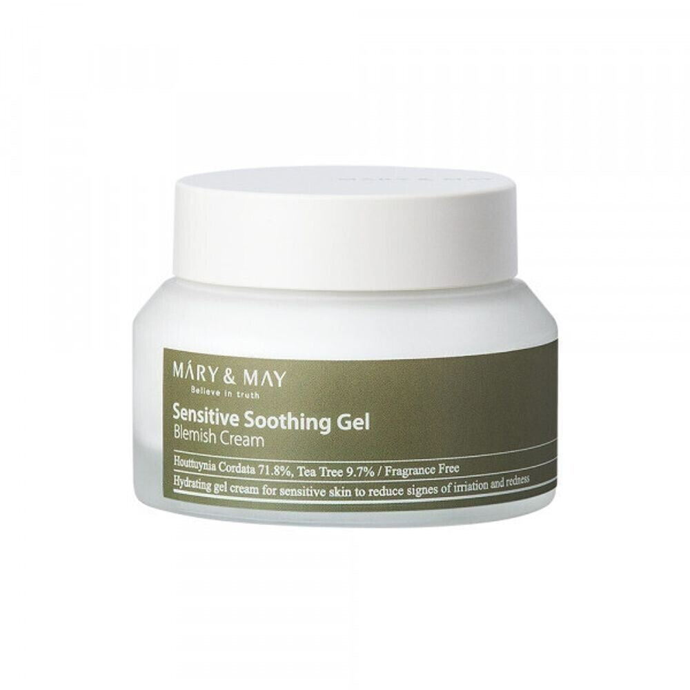 Mary & May Sensitive Soothing Gel Blemish Cream – A 70ml tube of soothing cream with Houttuynia Cordata Extract and Tea Tree Extract designed to cool, hydrate, and calm sensitive, irritated skin.