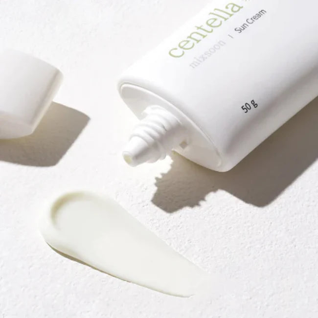 Close-up of Mixsoon Centella Sun Cream’s smooth, serum-like texture – Lightweight and fast-absorbing for a refreshing finish that hydrates and protects the skin.