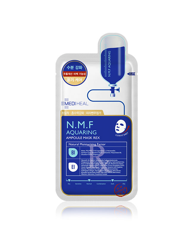 Mediheal N.M.F Aquaring Ampoule Mask EX – A hydrating sheet mask formulated with natural moisturizing factors, sodium hyaluronate, and witch hazel water to lock in moisture and nourish dry skin.