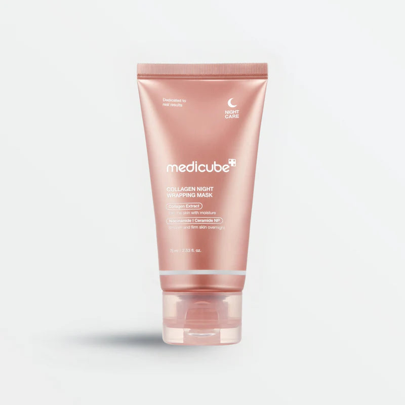 Medicube Collagen Night Wrapping Mask – A jar of innovative overnight mask that enhances skin elasticity, hydration, and glow, designed to be applied before sleep for firm, radiant skin upon waking.