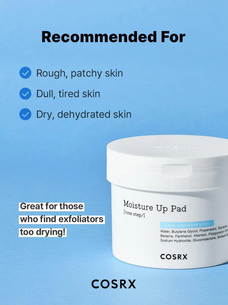 COSRX One Step Moisture Up Pad – Hydrating, exfoliating pads with Alaskan Glacier Water for smooth, refreshed skin