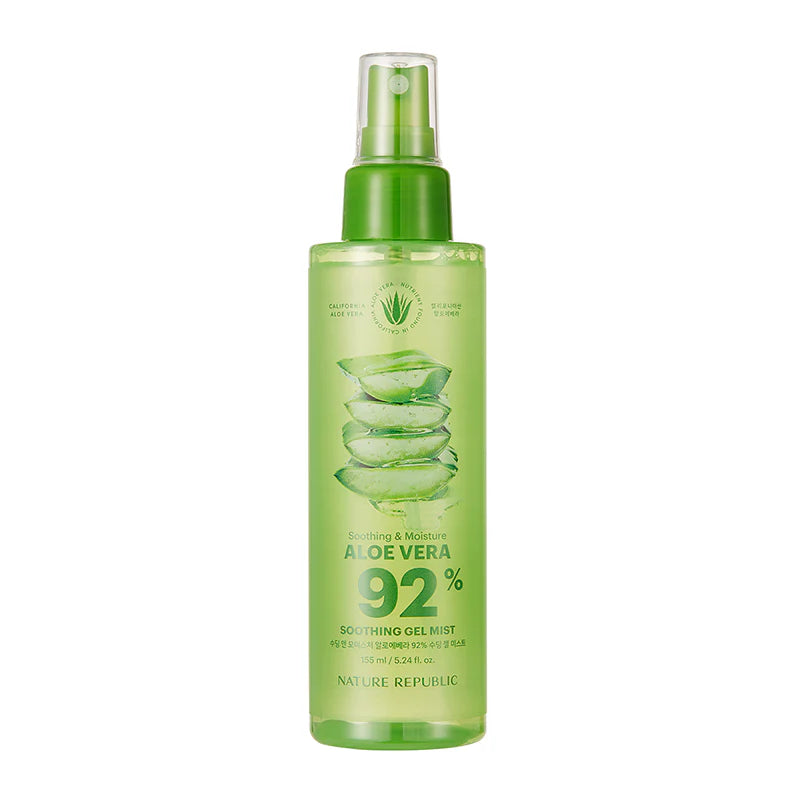 Nature Republic Soothing & Moisture 92 Aloe Vera Soothing Gel Mist in a 155 ml spray bottle with refreshing aloe vera extract highlighted on the packaging.