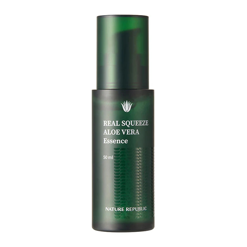 Nature Republic Real Squeeze Aloe Vera Essence in a clear 50ml bottle with aloe vera and plant-based ingredients highlighted on the packaging.