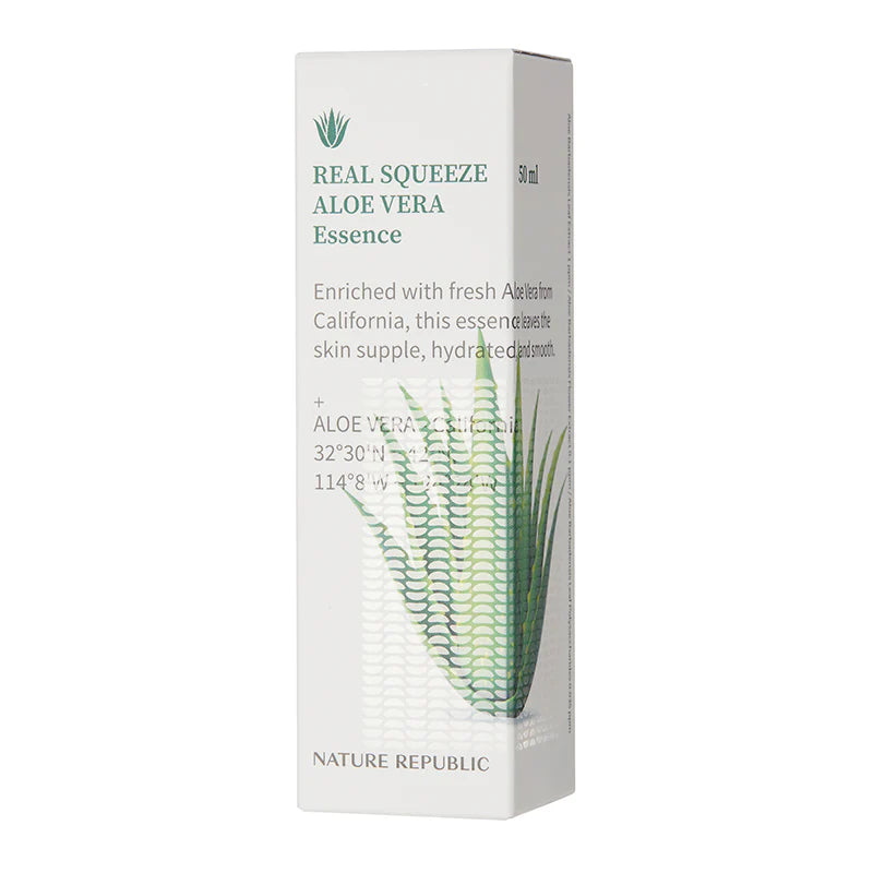 Image of the Nature Republic Real Squeeze Aloe Vera Essence packaging, featuring a sleek bottle design with a natural and fresh aesthetic.