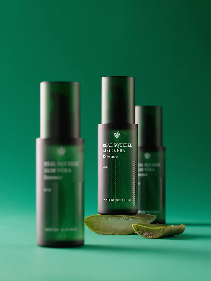 Nature Republic Real Squeeze Aloe Vera Essence in a clear 50ml bottle with aloe vera and plant-based ingredients highlighted on the packaging.